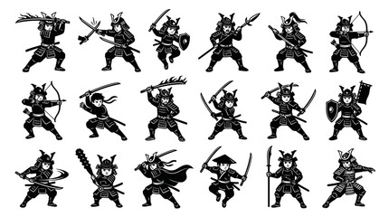 Fototapeta premium Samurai Warrior Black White Line Art Glyphs Set. Traditional Japanese Culture Martial Arts Icons.