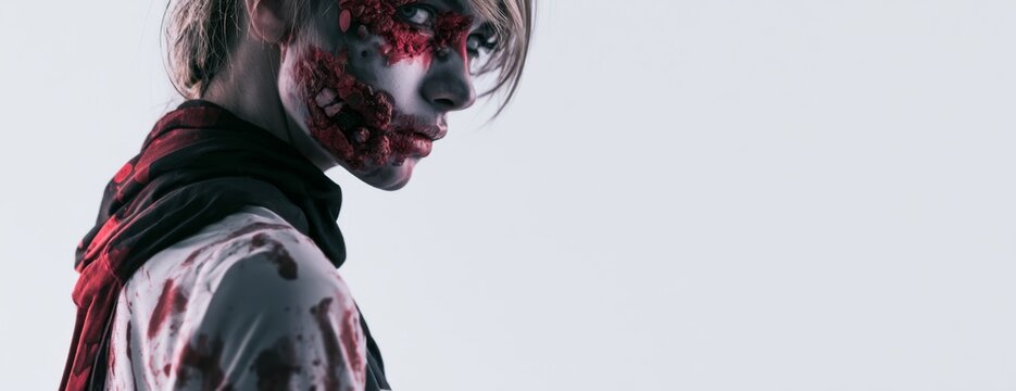Person in a zombie costume for Halloween against a plain background  