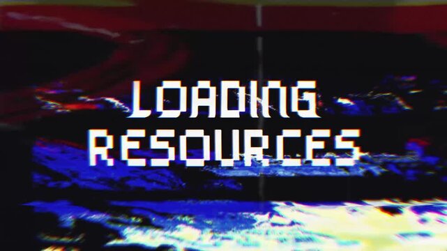 Loading Resources Glitch Text Animation on Black Background. Futuristic and glitchy loading screen animation showcasing resource loading with a retro vibe.