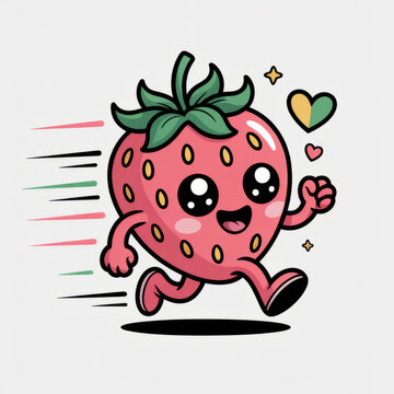 Animated strawberry character running with hearts and motion lines.