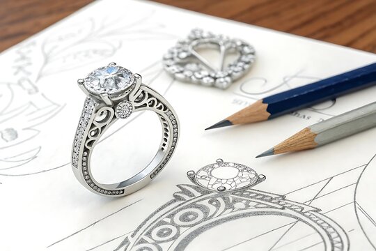 Engraved diamond ring design sketch with pencil