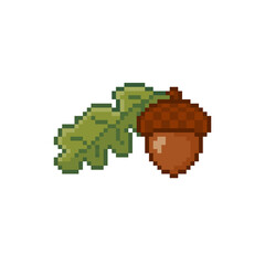 Autumn Acorn Nut with Green Oak Leaf Pixel Art Icon © Eumori
