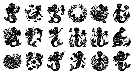 Fototapeta premium Mermaid Silhouettes: Black and White Vector Icons for Kids Fantasy Art
