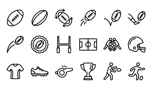 Rugby ball gameplay and sports monoline icon collection vector EPS10