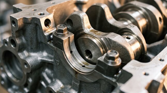Close up view of heavy industrial engine crankshaft and cylinder block assembly, detailed metallic machinery parts for automotive repair, manufacturing technology
