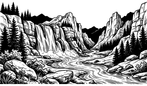Vintage waterfall mountain valley river and forest hand drawn vector landscape
