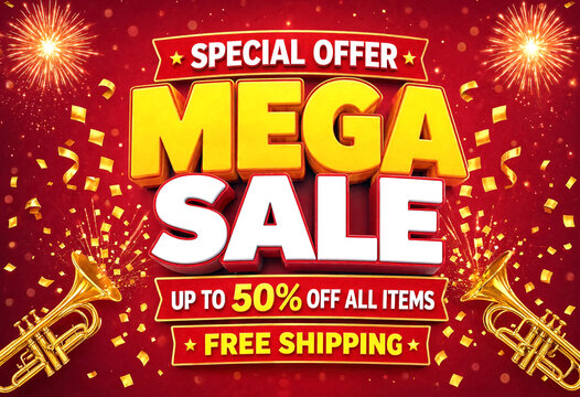 Bright and colorful mega sale promotional banner with fireworks and discounts up to fifty percent off