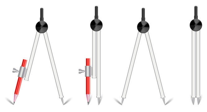 Four white compasses drawing tools on transparent background