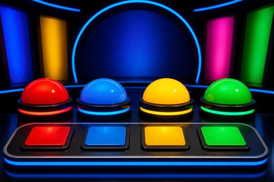 Colored buzzer buttons brightly lit on game show stage set