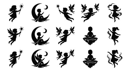 Fototapeta premium Black White Silhouette Fairies and Moon Vector Art, Fantasy Child Figures