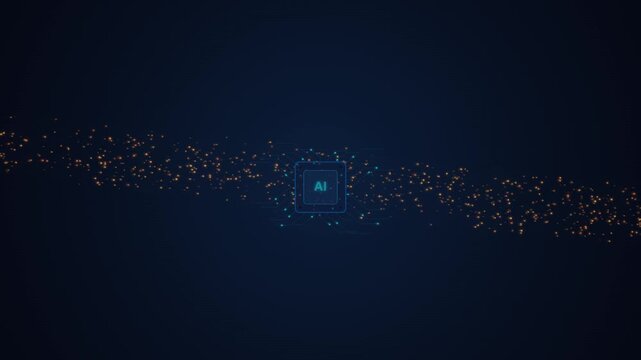 Artificial intelligence ai processor chip concept with digital data particles and circuitry network background