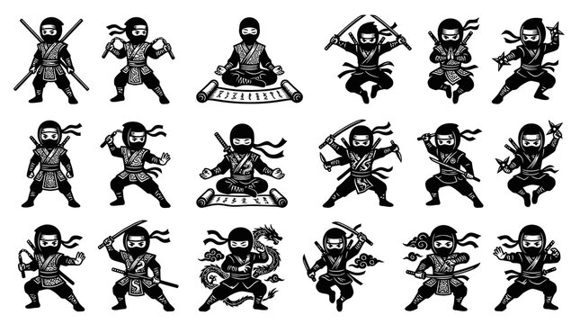 Black  White Line Art Martial Arts Ninjas Vector Set: Japanese Culture, Action Characters  Warrior Glyphs