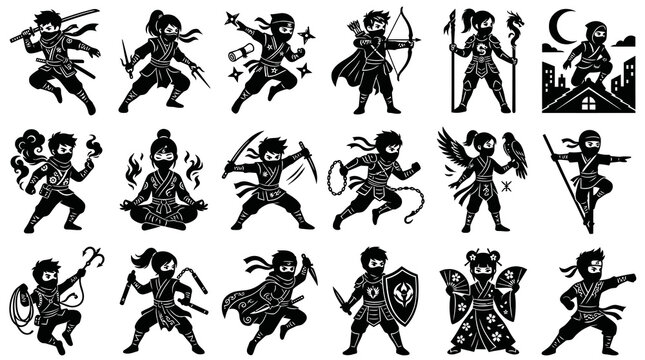 Black and White Ninja Glyph Vector Icons. Martial Arts Warrior Characters Silhouette Set.
