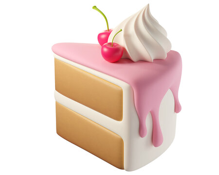 3d cartoon cake slice isolated. Dessert with pink glaze, layered sponge, and a whipped-cream swirl, topped with two cherries. Perfect for bakery, Birthday, party. 3d render
