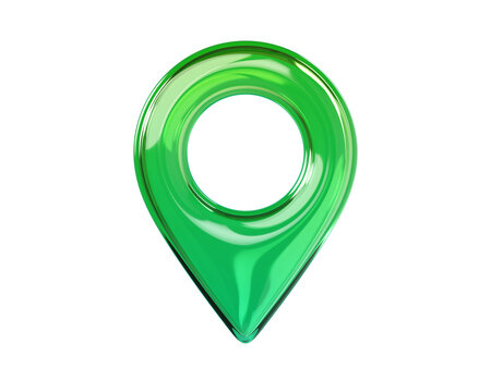 Glossy Emerald green 3D map location pin icon. Transparent glass navigation markers isolated on background for map, GPS, geotagging, travel. 3d render.
