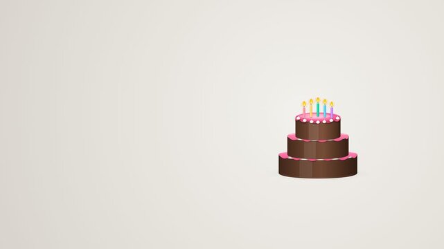 Three tiered chocolate cake 3d render with colorful candles. 4K Video