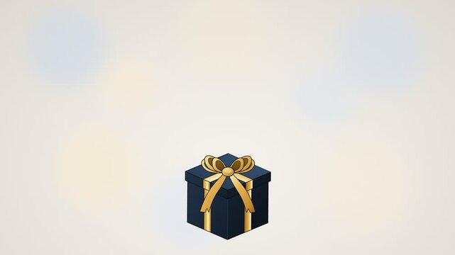 Isometric navy blue gift box with gold ribbon and bow animation. 4K Video