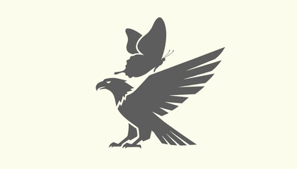 Naklejka premium Dark grey silhouette of an eagle standing with a butterfly perched above its wings on a light cream background representing nature and transformation.