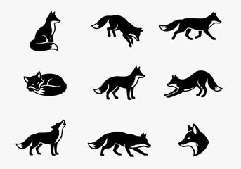 Fototapeta premium Minimalist wild fox natural behavior silhouette vector set