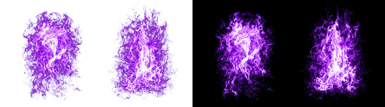 Purple fire flames burning brightly with mystical glow ideal for use in PNG, Transparent and Black Background Versions for fantasy designs