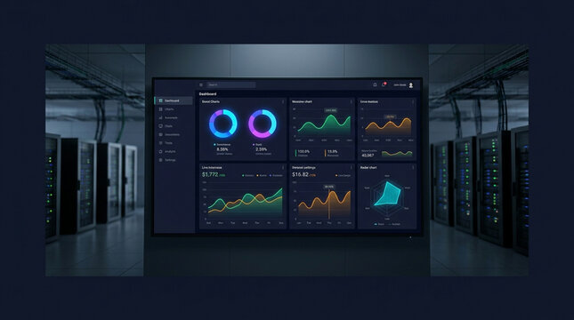 Futuristic Server Room Dashboard Display with Data Analytics and Charts