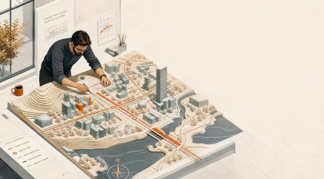 Architect working on topographical model in creative studio