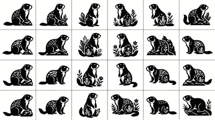 Fototapeta premium Black and White Groundhog Silhouette Set, Vector Animals