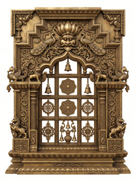 Pointed arch South Indian temple window with geometric lattice, hanging ornaments and layered bronze carving