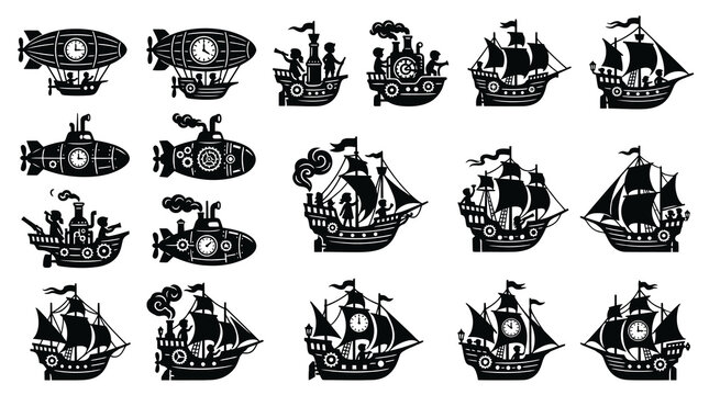 Steampunk Vehicles Silhouette Collection: Airships, Submarines, and Ships