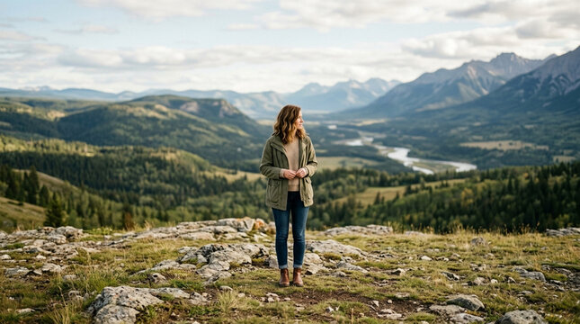 Young Woman Standing On Mountain Ridge Looking At Scenic Landscape