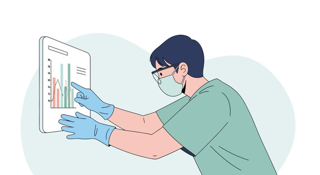 Doctor analyzing medical chart on screen with protective gear, isolated