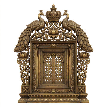 Ornate South Indian temple window with paired peacocks, kalasha crown and intricate floral bronze lattice