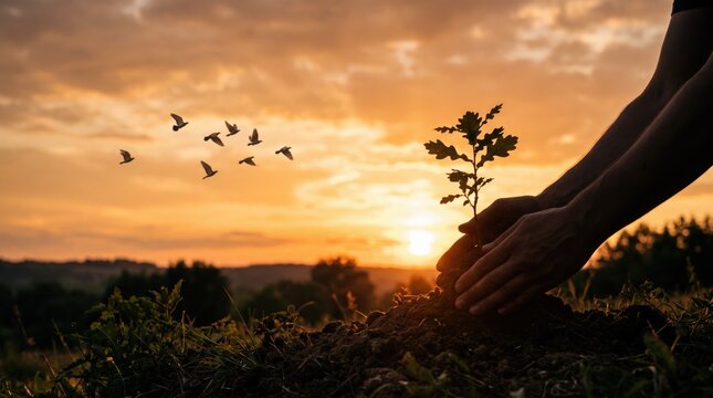 Hands planting a young sapling tree in soil during golden sunset, environmental conservation, reforestation, ecology protection, sustainable agriculture, nature preservation