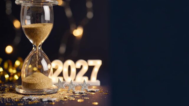 A sparkling hourglass with golden sand counts down to 2027, surrounded by festive lights and glitter, perfect for New Year celebrations.