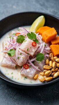 Fresh fish ceviche with red onion and sweet potato in a black bowl on dark stone