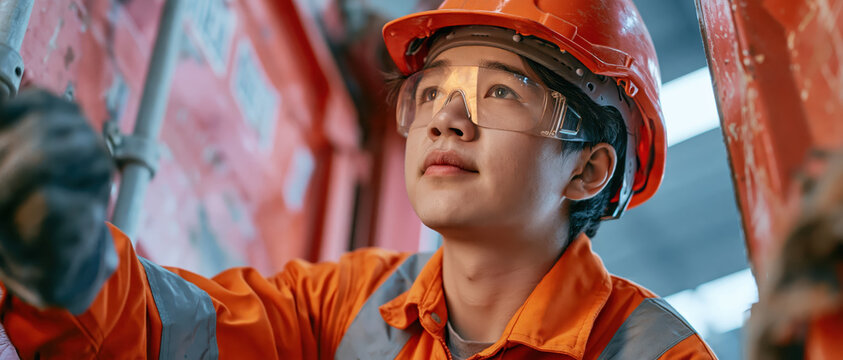 Maintenance engineer inspecting container door hinges, locking bars, and weather seals inside repair facility