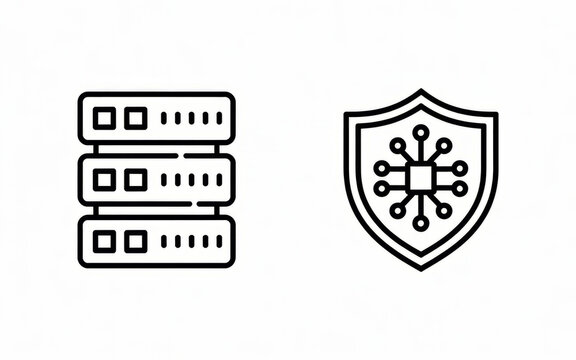 Minimalist server stack icon with security shield emblem illustration.