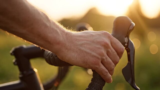 Cyclist's hand firmly gripping bicycle handlebars and brake lever at golden sunset