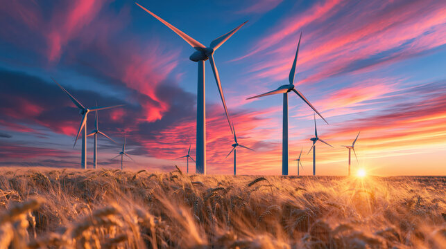Wind turbine rising above golden wheat field beneath colorful sunset sky