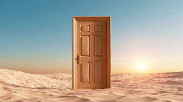 Wooden door standing in sandy desert beneath clear sky, with warm sunrise light creating surreal minimalist scene