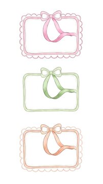 Watercolor hand drawn rectangle labels with ribbons appearing on white background