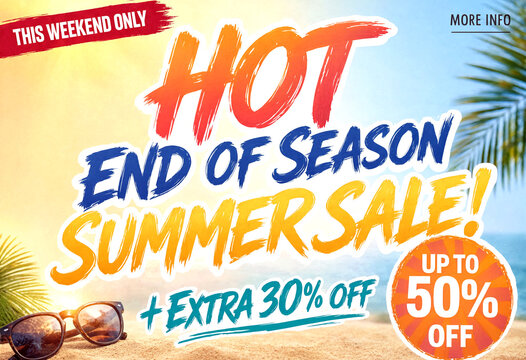 Bright summer sale advertisement with sunglasses and palm leaves on beach background
