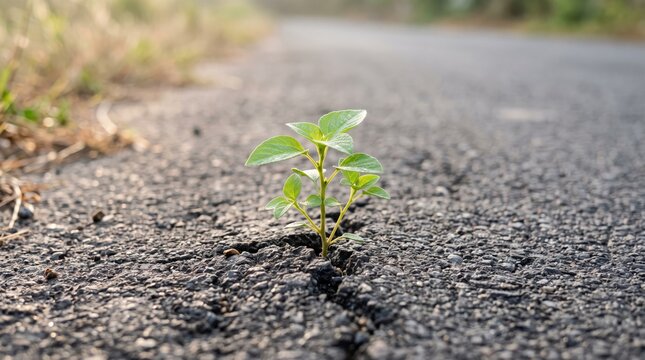 Small green plant growing through crack in asphalt road surface, resilience and hope with young seedling emerging from hard ground, nature survival and environmental growth