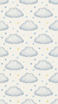 Seamless loop of soft watercolor clouds and pastel stars drifting gently across a beige background for nursery theme.