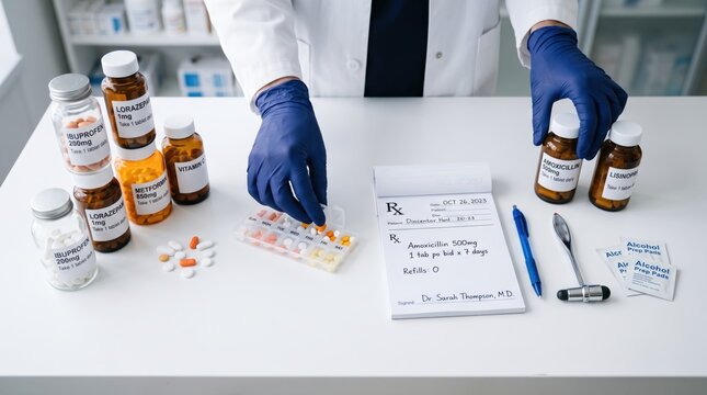 Pharmacist wearing blue gloves carefully organizing prescription pills into weekly organizer box on white counter, surrounded by amber medicine bottles, written doctor script