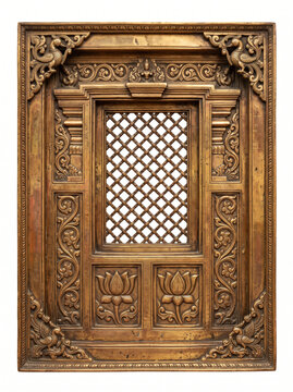 Rectangular South Indian temple window with diamond lattice, carved panels and layered bronze molding