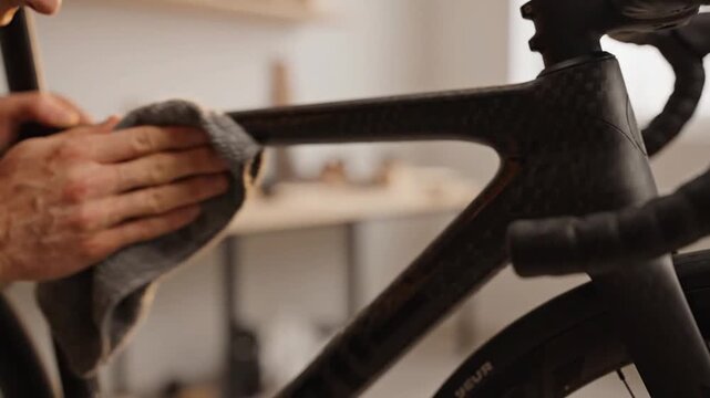 Man cleaning a carbon fiber bicycle frame with a microfiber cloth in a workshop.