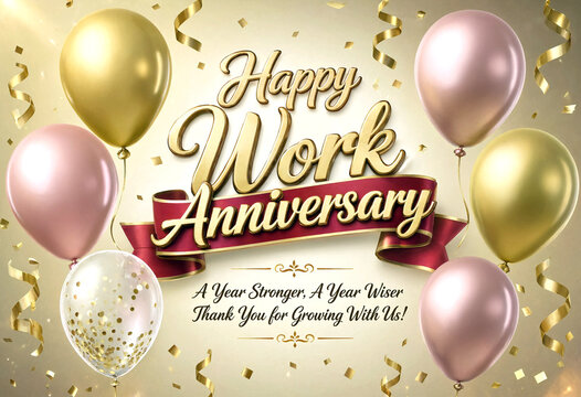 Celebrate happy work anniversary with elegant gold balloons and confetti on a decorative card design
