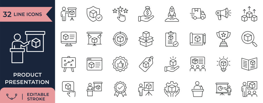 Product presentation line icons. launch, marketing and business strategy editable stroke