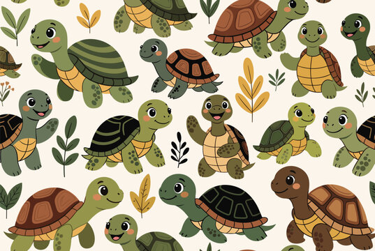 Sweet seamless pattern of cute cartoon turtles in various poses with tiny leaves on a warm cream colored background.